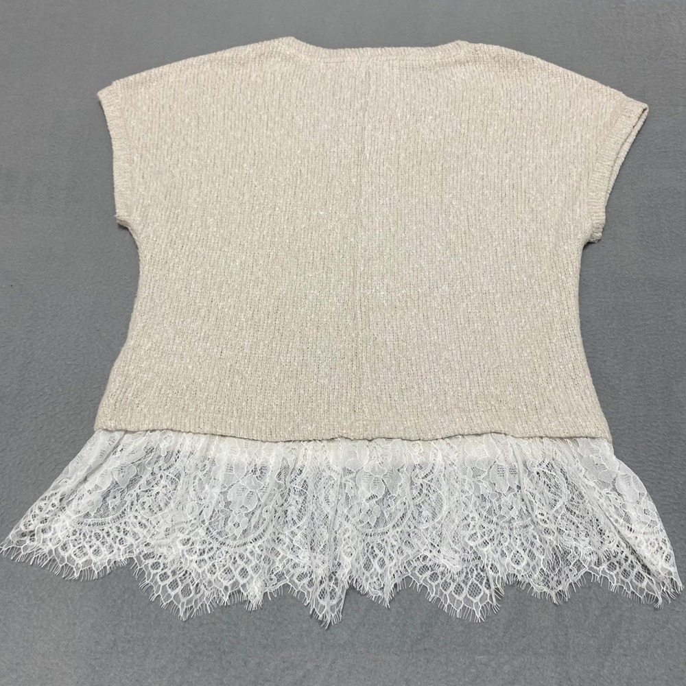 NWT Maeve Women's Medium Anthropologie Beige Knit Lace Hem Short Sleeve Top - Picture 3 of 9